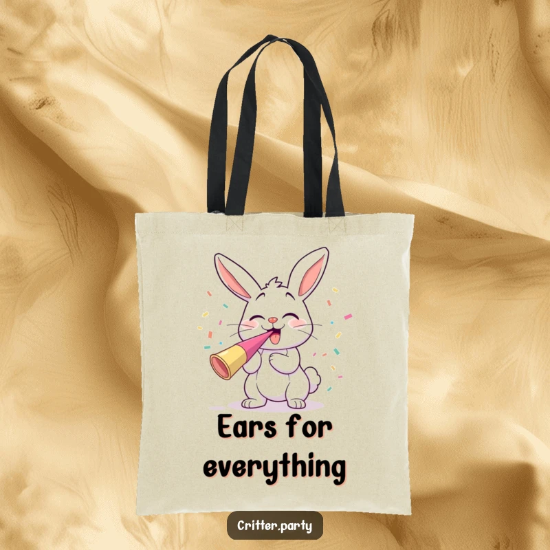 Funny giggling bunny blowing a party horn with confetti flying, a cute and humorous tote bag.