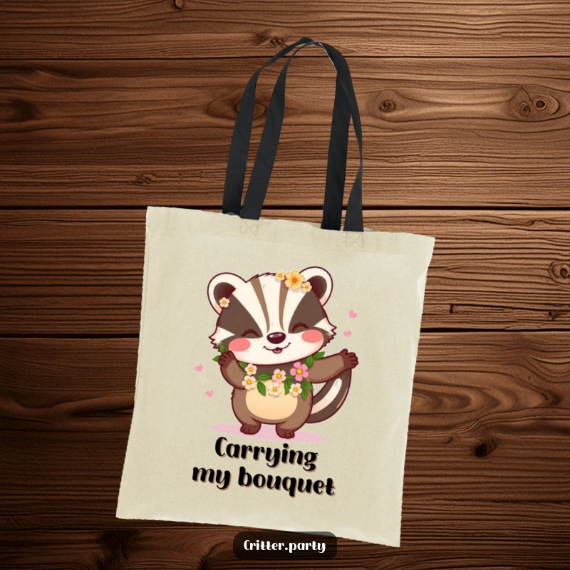 Funny canvas tote bag with a happy badger wearing a flower garland and dancing, perfect for nature lovers and cheerful souls.