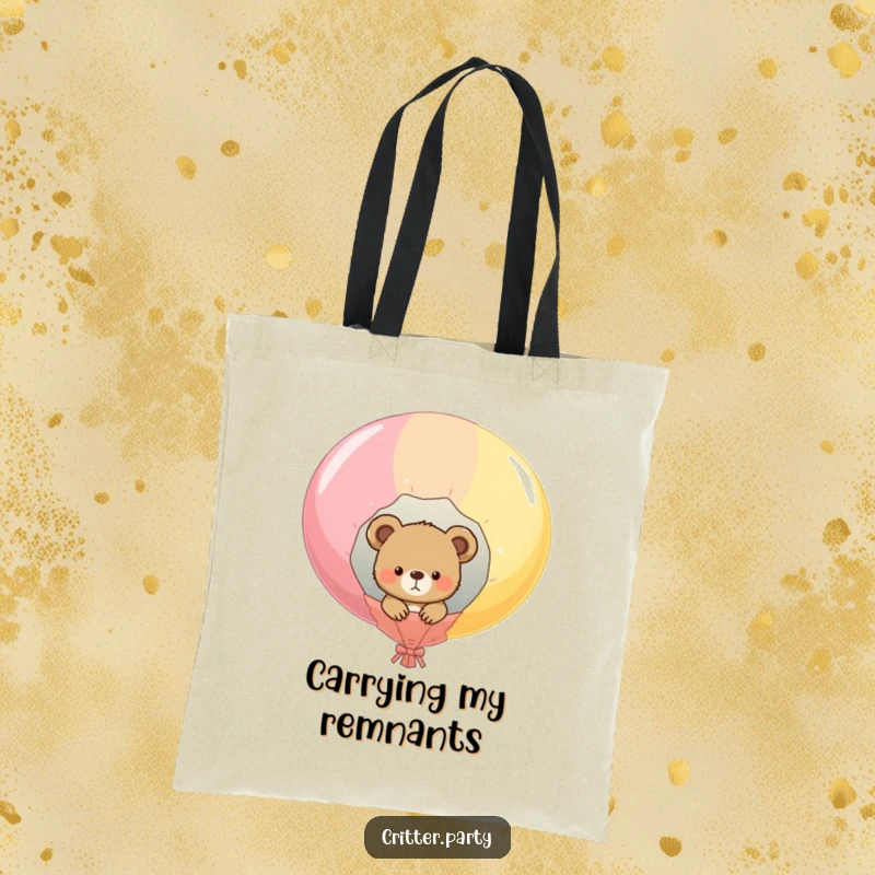 Funny canvas tote bag featuring a curious bear cub emerging from a deflated balloon, practical and humorous accessory.