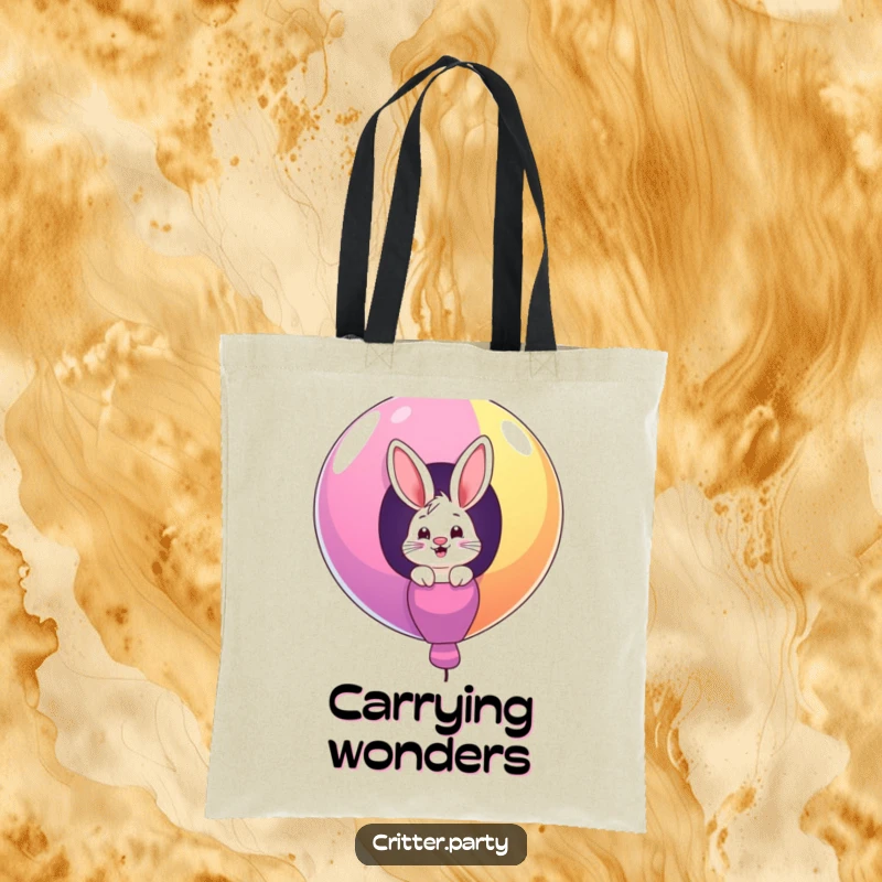 Funny tote bag with a giggling bunny character peeking out from a giant, colorful balloon, perfect for carrying everyday items.
