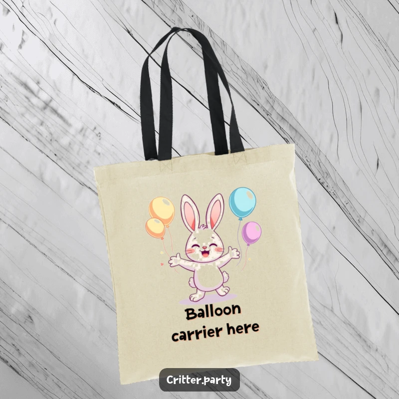 Funny tote bag showcasing a cute bunny character dancing with flailing arms, surrounded by floating balloons, perfect for carrying joy.