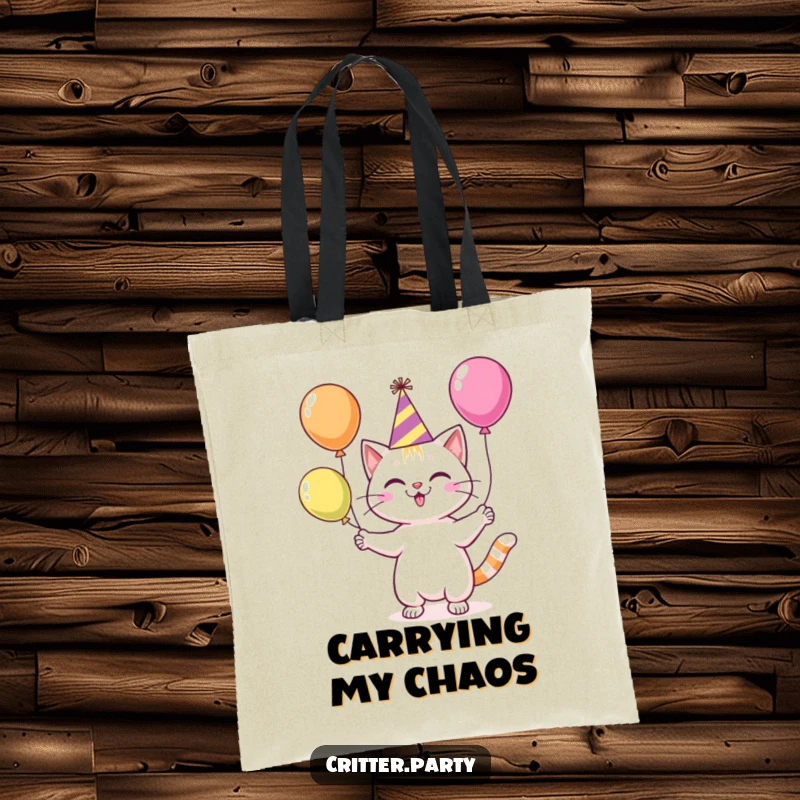 Funny cat wearing a party hat, actively juggling colorful balloons, depicted on a practical and stylish tote bag.