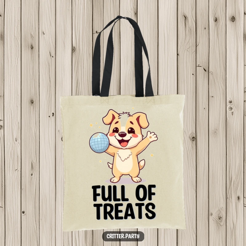 Funny dog character grinning widely, dancing with a sparkly disco ball, practical tote bag for daily use.