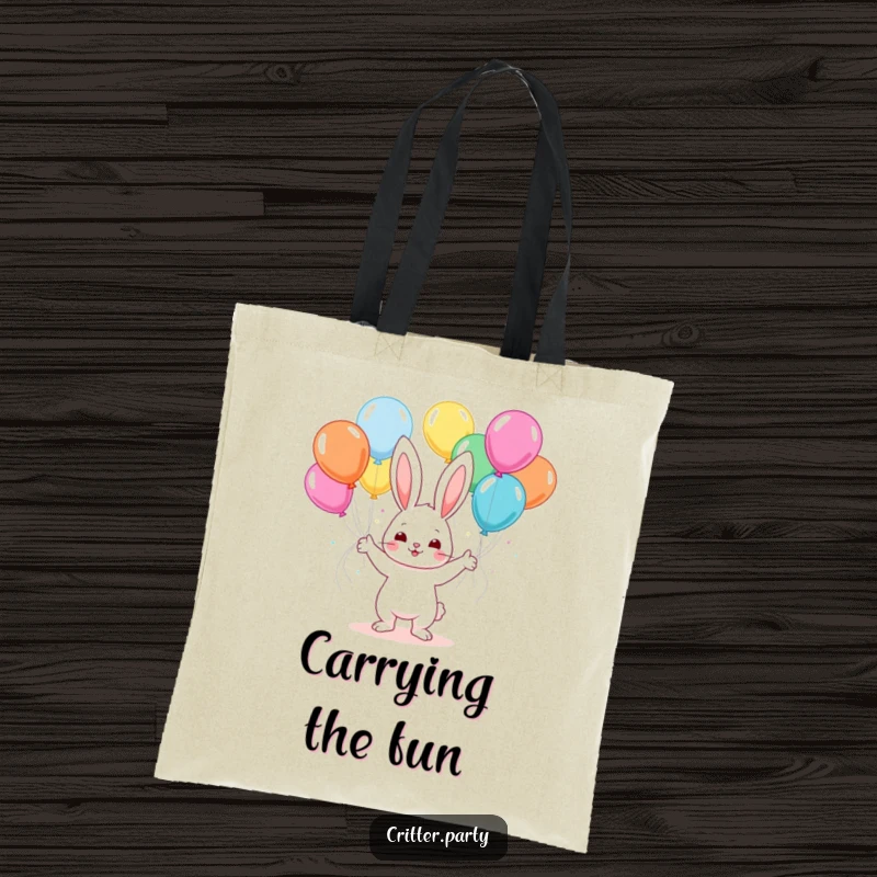 Funny kawaii bunny juggling colorful balloons at a party, a functional and fashionable tote for carrying essentials.