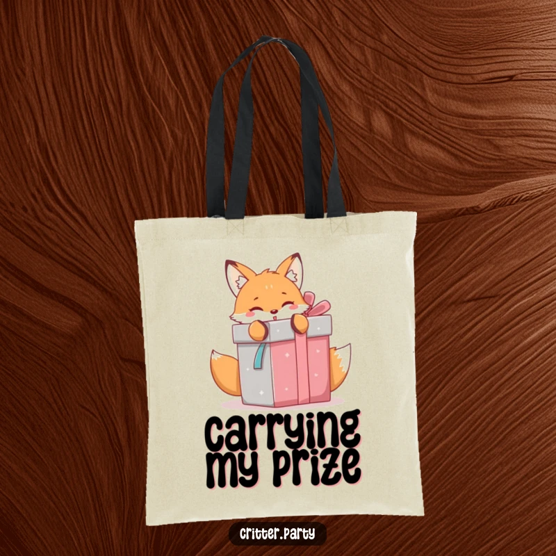 Funny kawaii fox eagerly unwrapping a giant gift box, a stylish tote for carrying all your special finds.