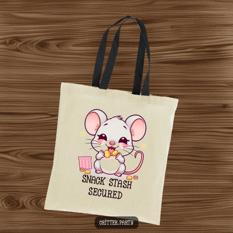 Funny mouse tote bag with a joyful little mouse character stuffing its cheeks full of tiny party snacks, perfect for shoppers.