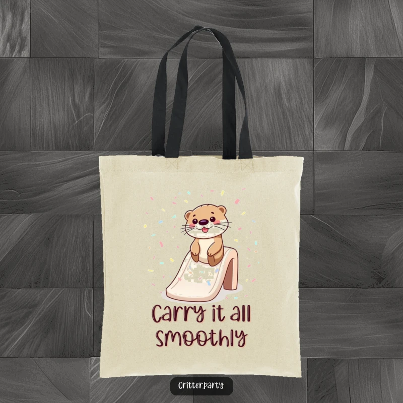 Funny tote bag featuring a happy otter sliding down a sparkling confetti slide, ideal for carrying essentials with a dose of aquatic fun.