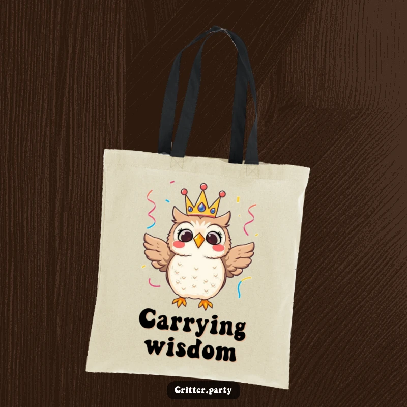 Thrilled owl character wearing a festive crown, surrounded by streamers, a cute and humorous tote bag.