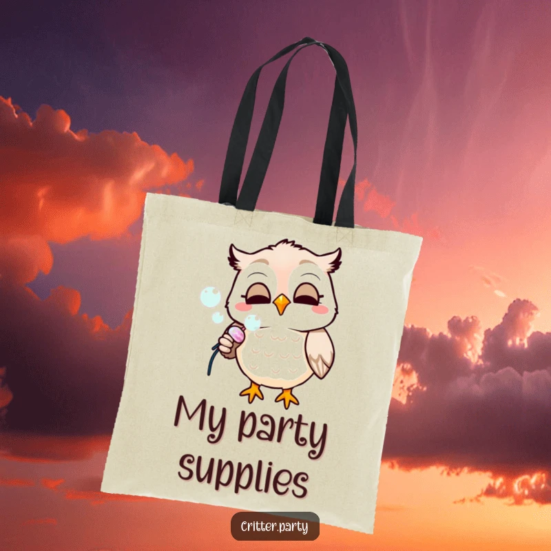 Funny tote bag with a smiling owl blowing bubbles from a party popper, ideal for carrying everyday essentials with flair.
