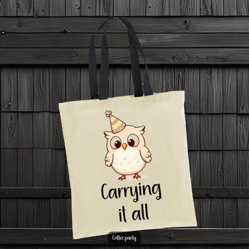 Funny owl tote bag with a tiny, surprised owl character in a tipping party hat, perfect for everyday surprises.