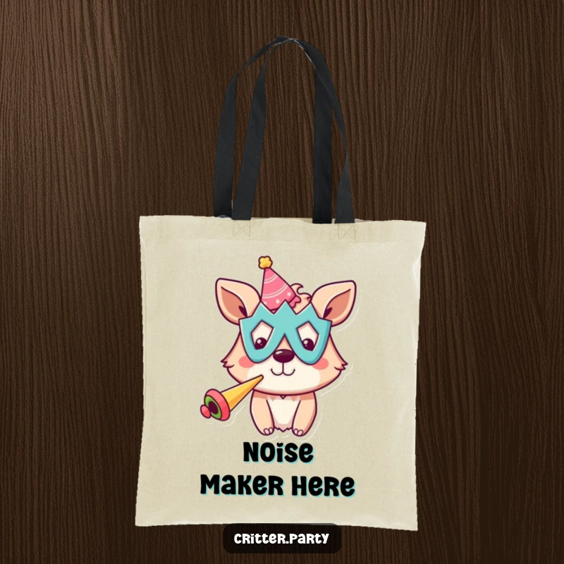 Funny tote bag with a cheerful animal in a silly party mask, blowing a horn, embodying festive celebration.
