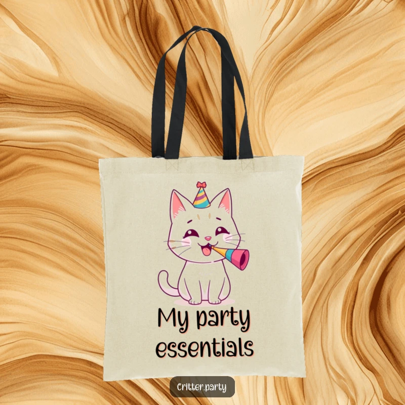 Funny tote bag showcasing a cheerful cat character wearing a party hat and blowing a tiny party horn with great zeal.
