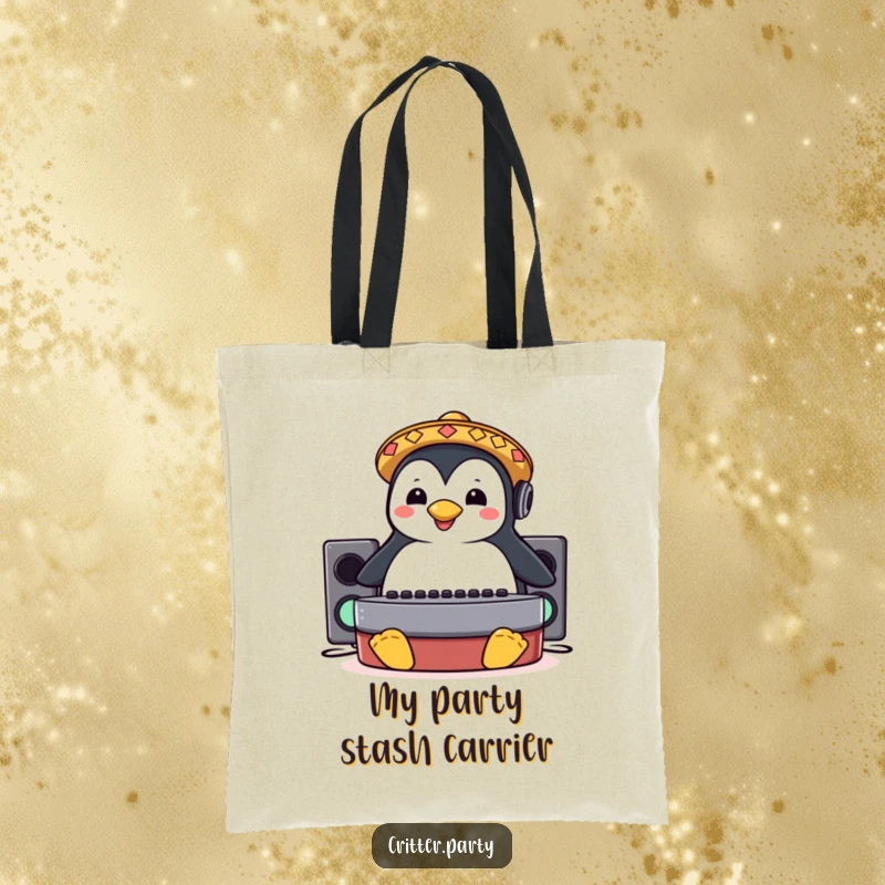 Funny tote bag illustration of a happy penguin in a sombrero sliding on a DJ booth, carrying music.