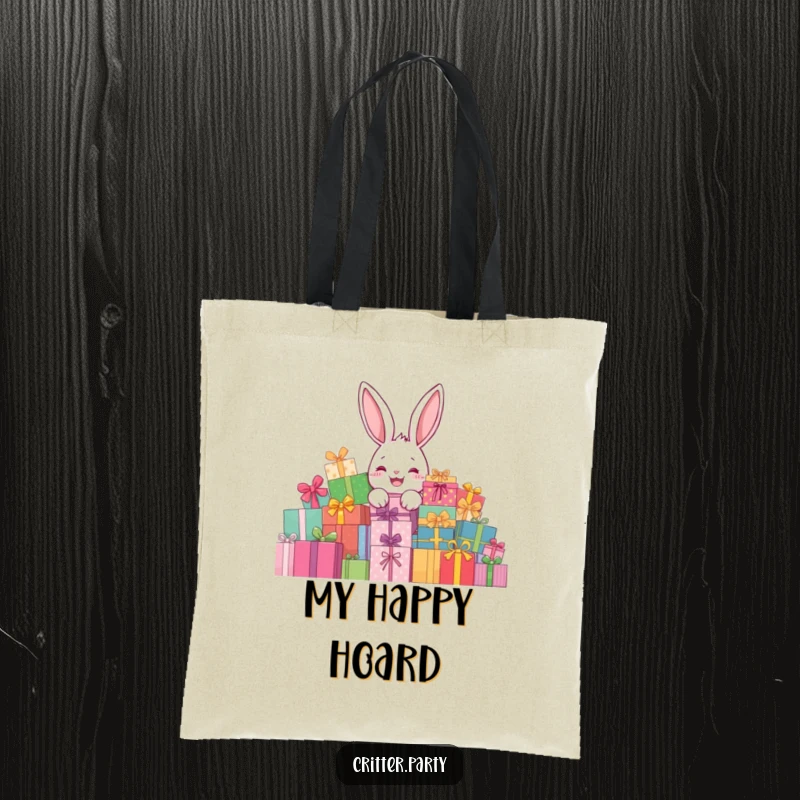 Funny rabbit present tote bag featuring a delighted rabbit character peeking from behind a giant pile of presents, a cute accessory.