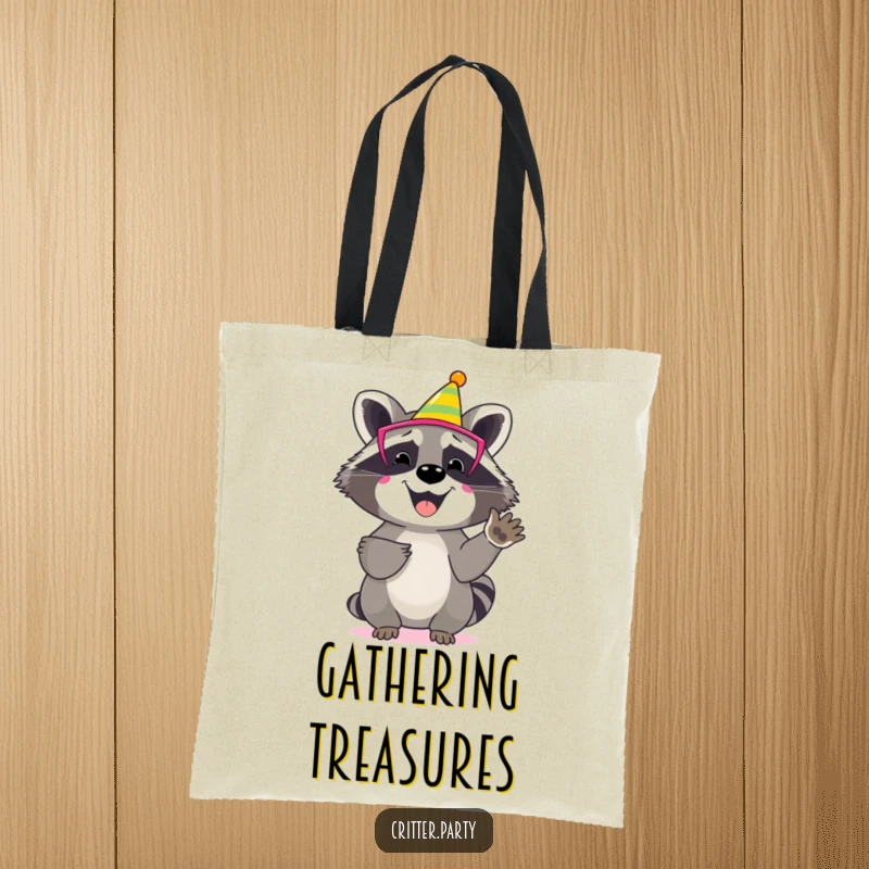 Funny raccoon tote bag with a happy character wearing a colourful party mask, enthusiastically clapping its paws.
