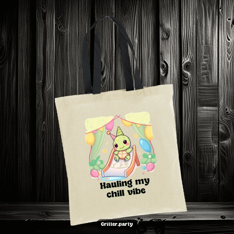 Funny Kawaii turtle happily sliding down a party slide on this durable tote bag, symbolizing slow, joyful progress.