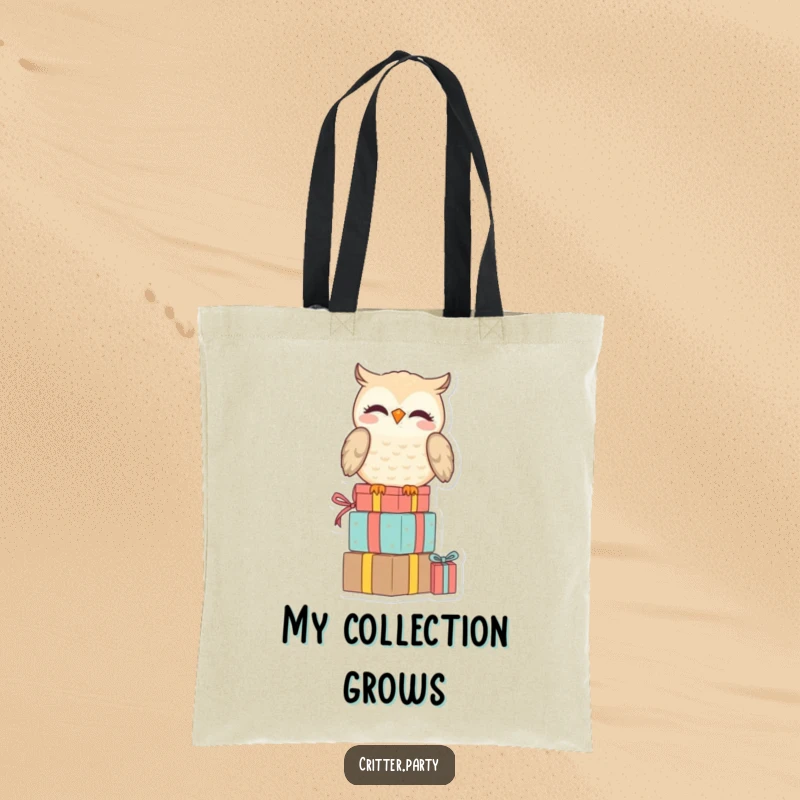 Funny tote bag with a smiling owl perched on a stack of presents, looking amused, perfect for carrying essentials with witty charm.