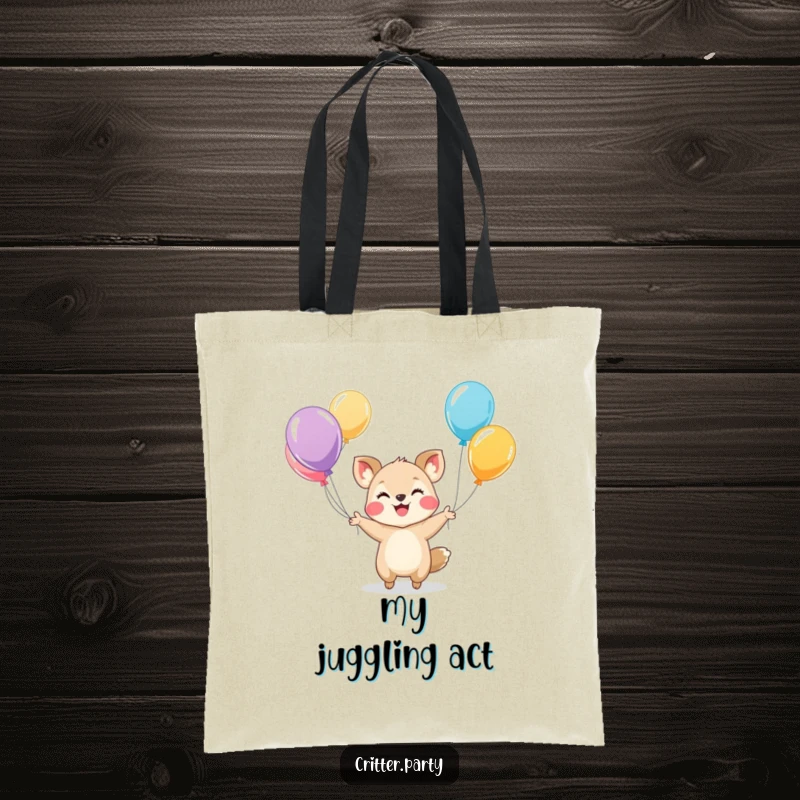 Funny tote bag with a tiny, smiling animal character actively juggling several colorful balloons, bringing cheer to your day.
