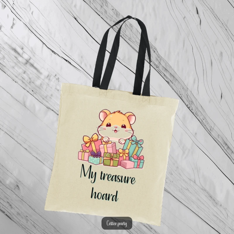 Funny canvas tote bag with a playful hamster peeking from behind a pile of presents, perfect for shoppers and gift-givers.