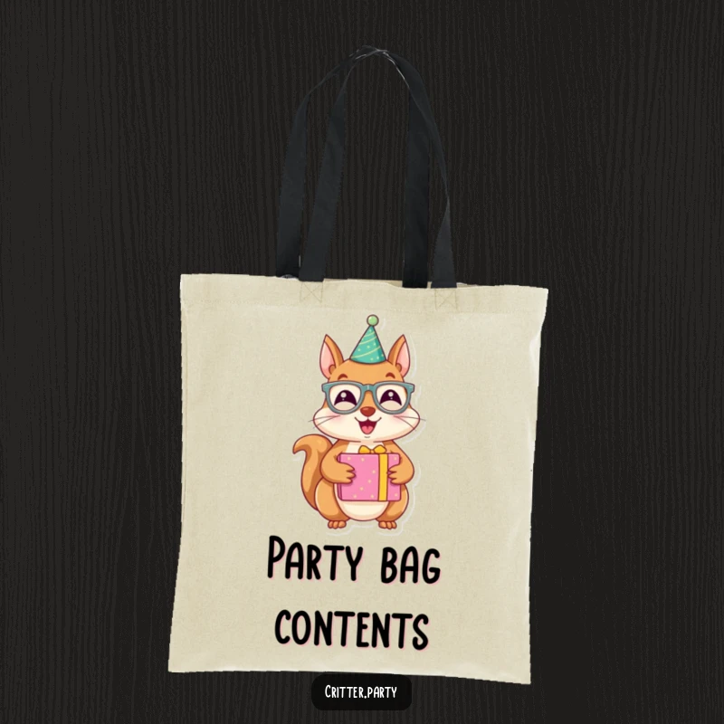 Funny tote bag with a joyous squirrel character wearing party glasses and holding a brightly wrapped present, perfect for carrying celebrations.