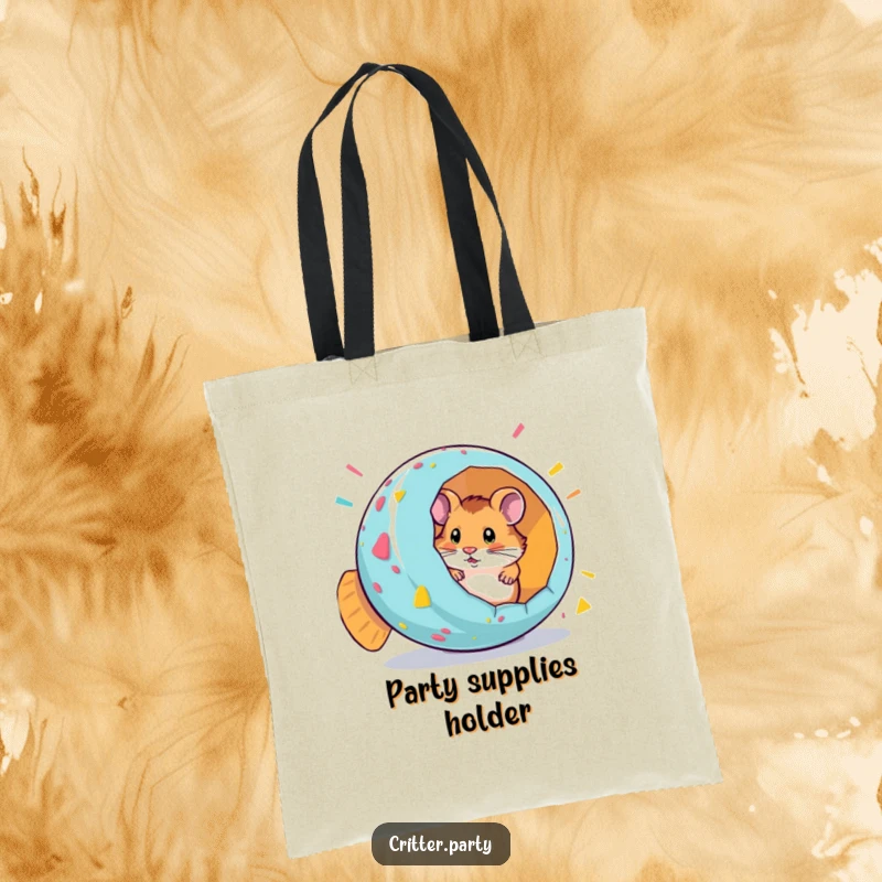 Funny tote bag illustration of a curious hamster bursting from a giant, colorful party popper with confetti.