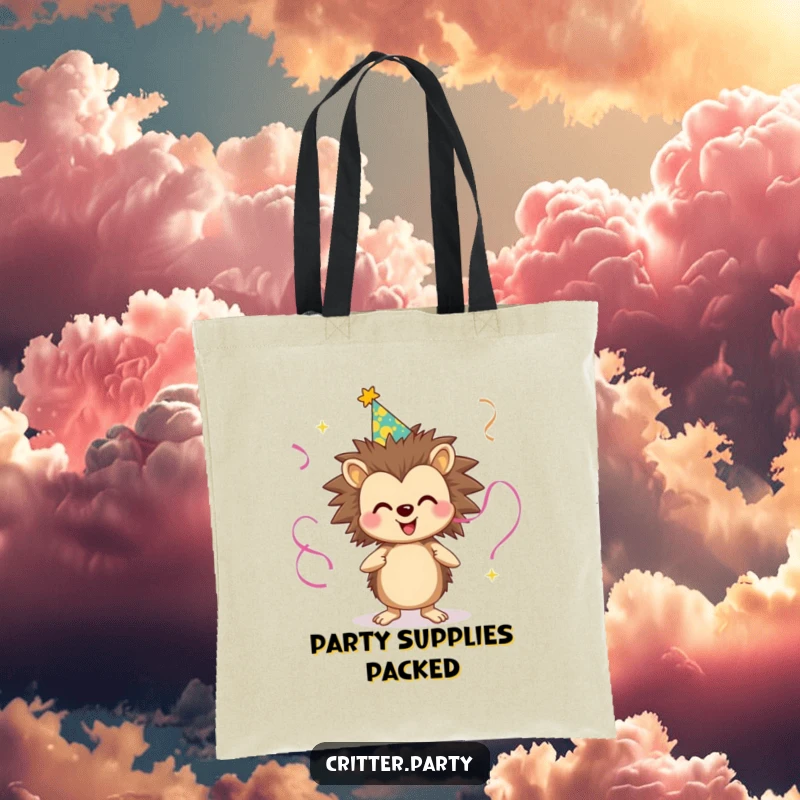 Funny tote bag featuring a smiling hedgehog wearing a party hat and juggling streamers, perfect for carrying party supplies with a festive flair.