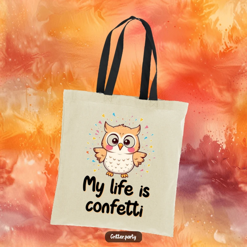 Funny kawaii owl character shocked by a confetti explosion, printed on a durable tote bag, perfect for funny gift.