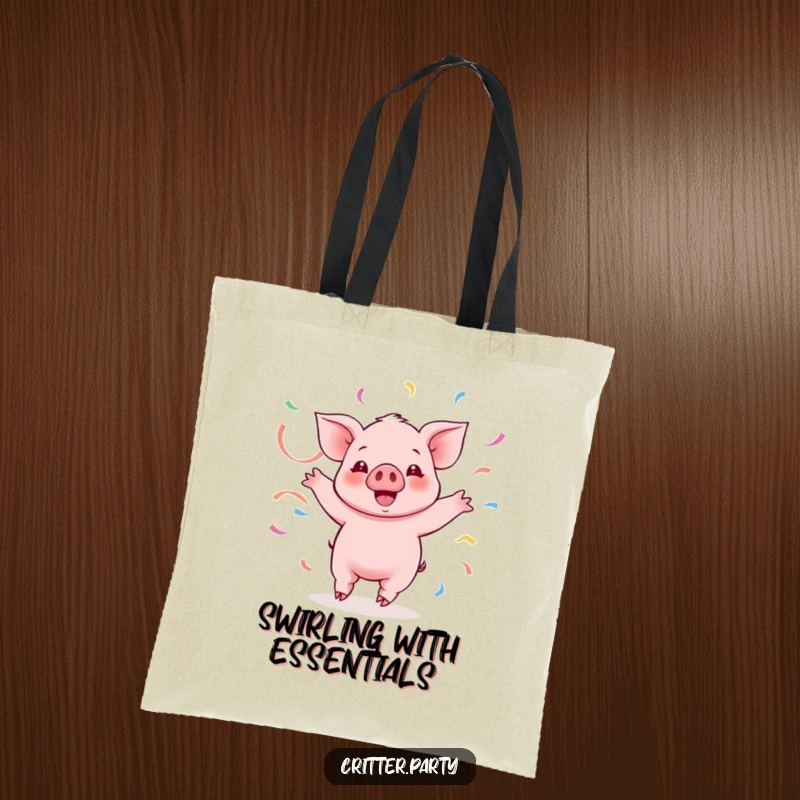 Funny Kawaii piglet gleefully twirling with streamers on this durable tote bag, a celebration of fun.
